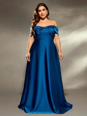 Blue Plus Size Off The Shoulder Satin Bridesmaid Party Dress