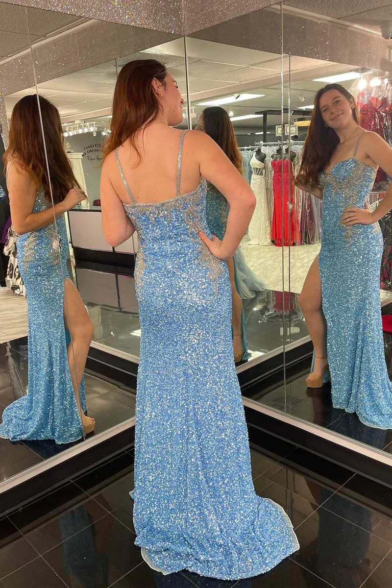 Blue Sequins Sweetheart Mermaid Long Prom Dresses,BD93191