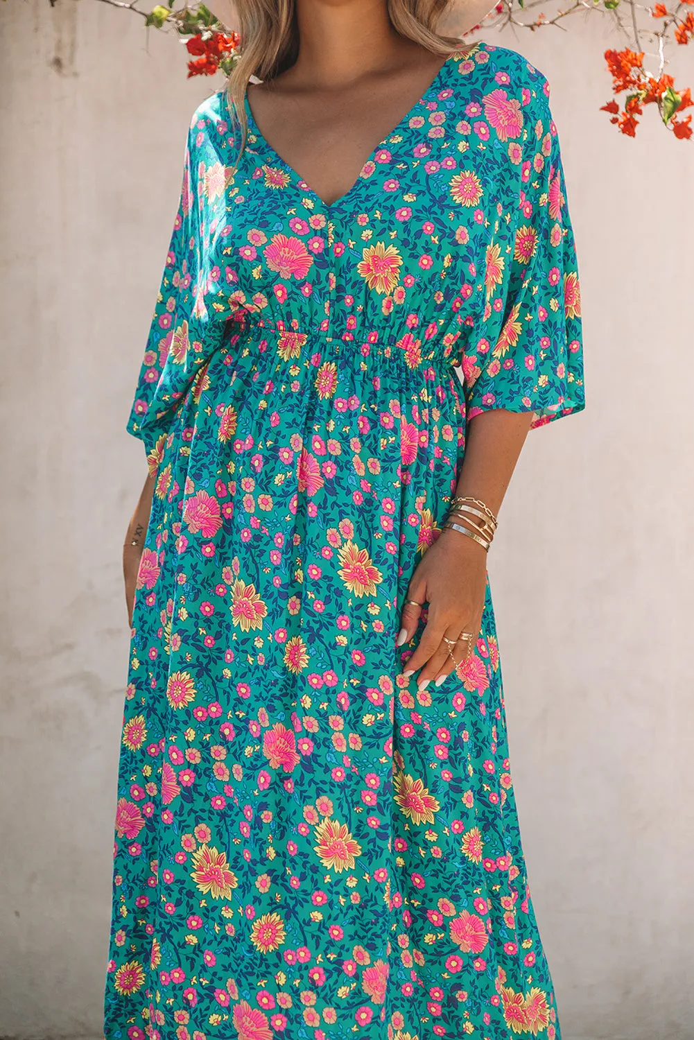 Boho Deep V Neck Floral Maxi Dress