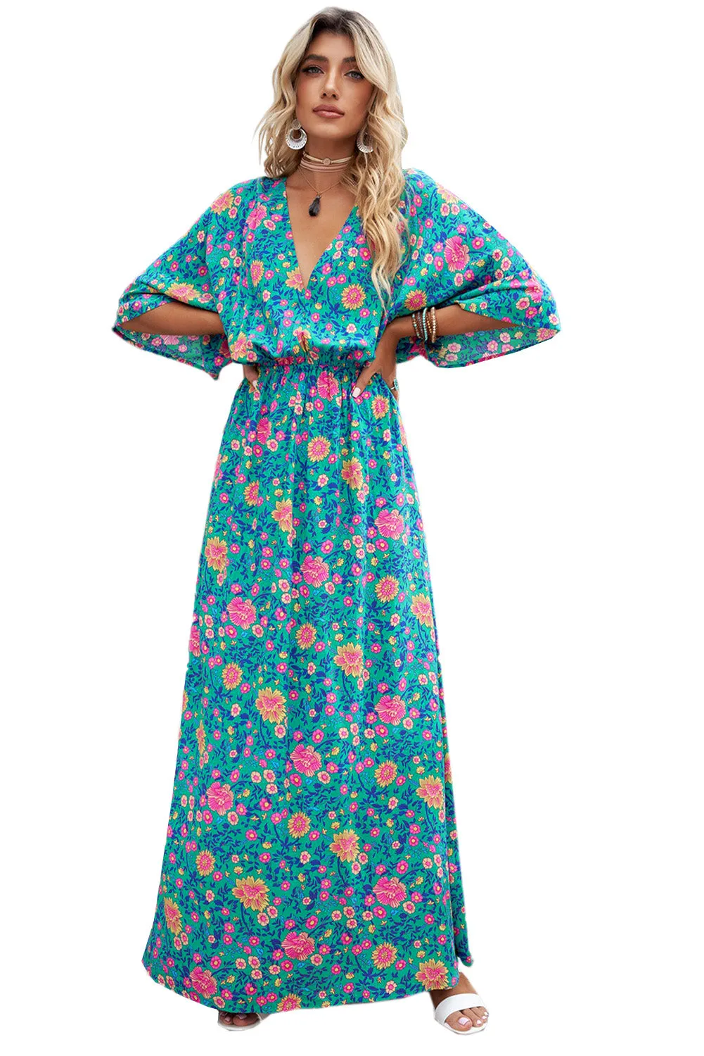 Boho Deep V Neck Floral Maxi Dress