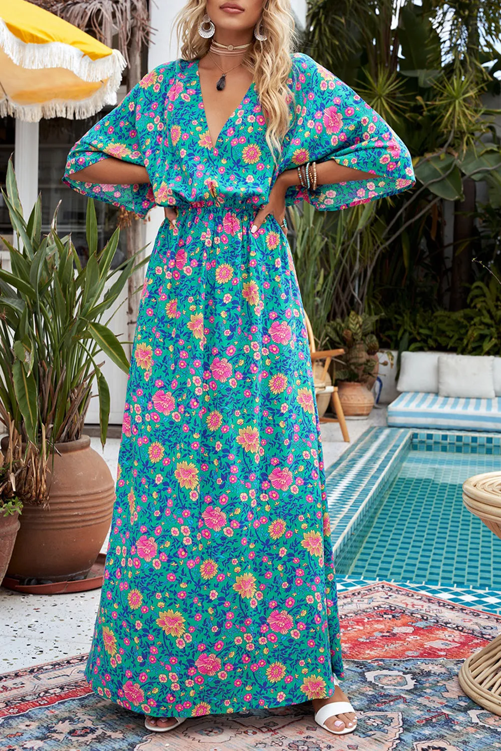 Boho Deep V Neck Floral Maxi Dress