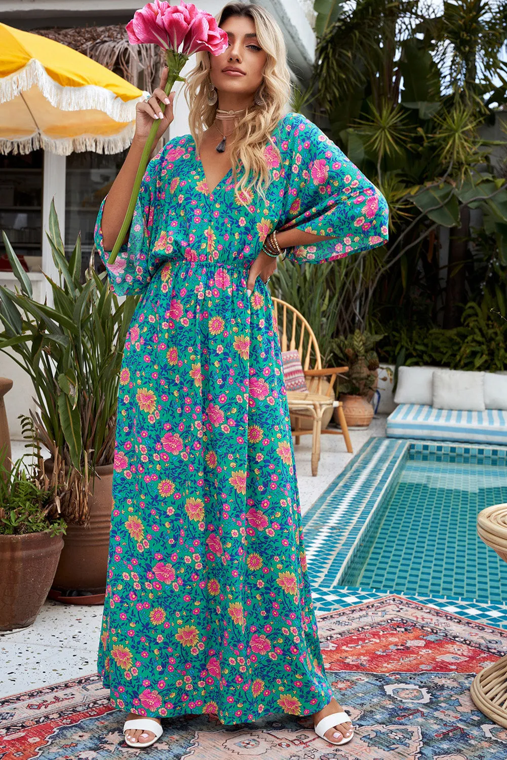 Boho Deep V Neck Floral Maxi Dress