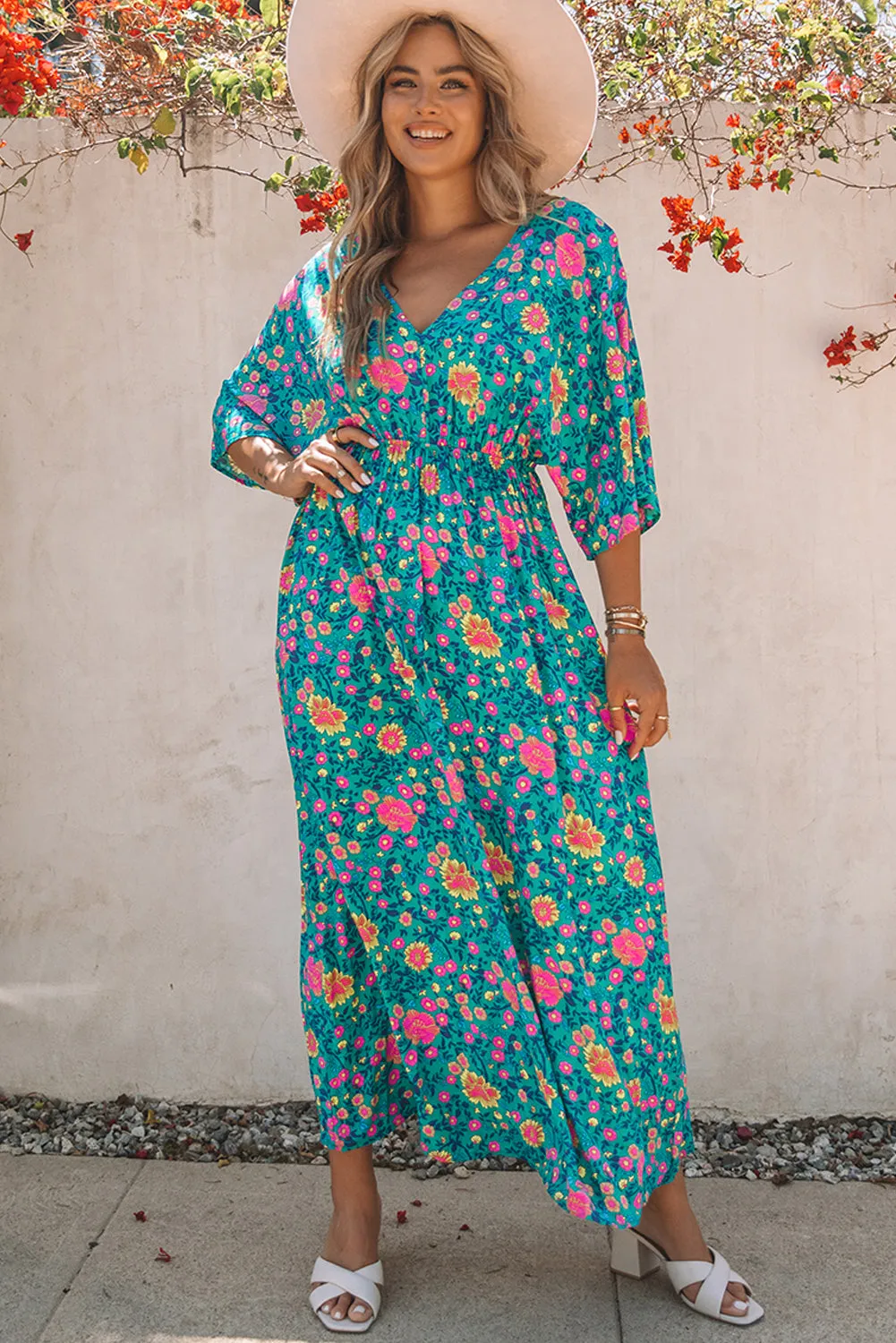 Boho Deep V Neck Floral Maxi Dress