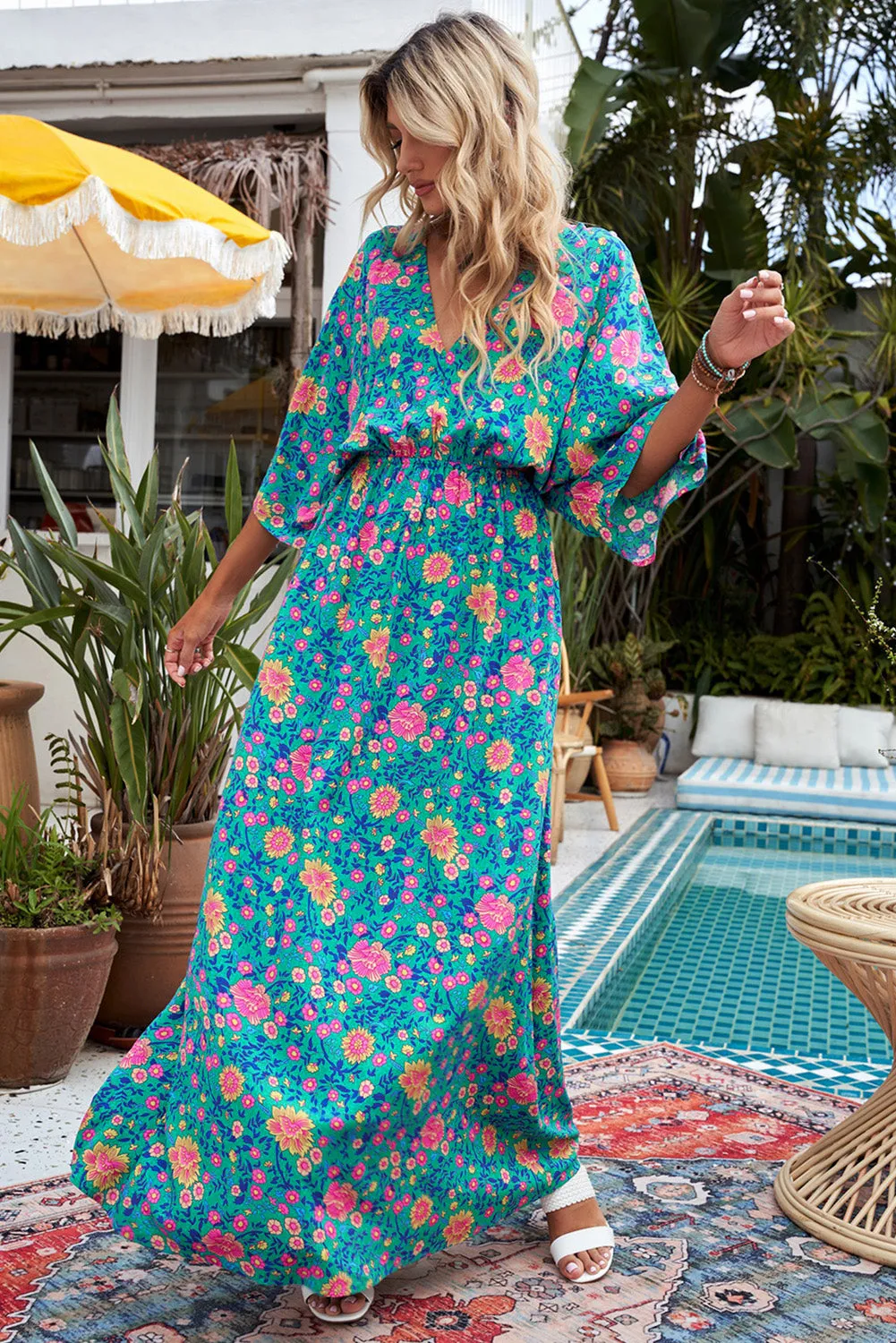 Boho Deep V Neck Floral Maxi Dress