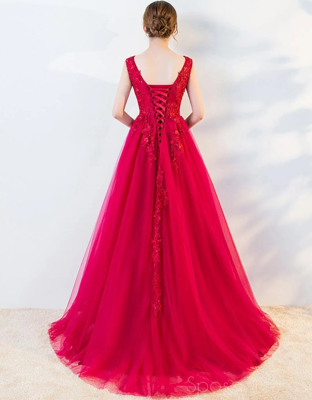 Bright Red A-line V-neck Lace Cheap Long Evening Prom Dresses, Evening Party Prom Dresses, 18647