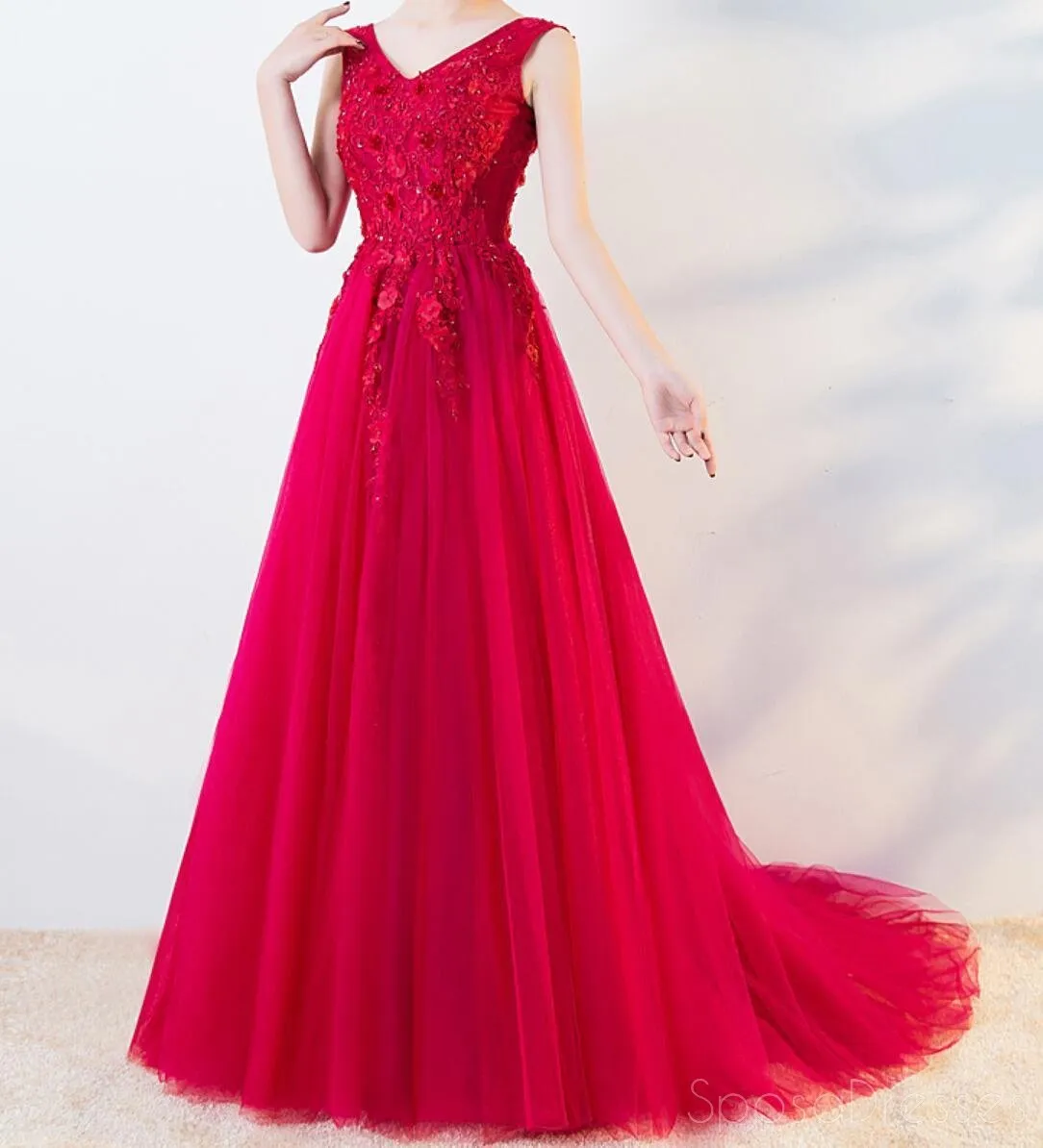 Bright Red A-line V-neck Lace Cheap Long Evening Prom Dresses, Evening Party Prom Dresses, 18647