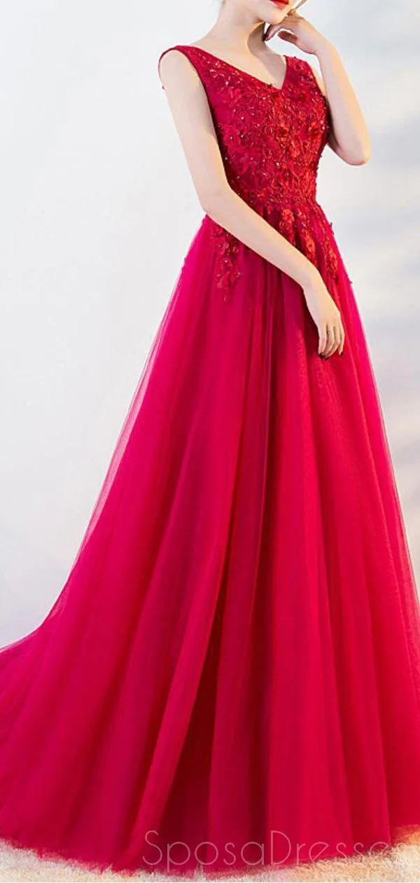 Bright Red A-line V-neck Lace Cheap Long Evening Prom Dresses, Evening Party Prom Dresses, 18647