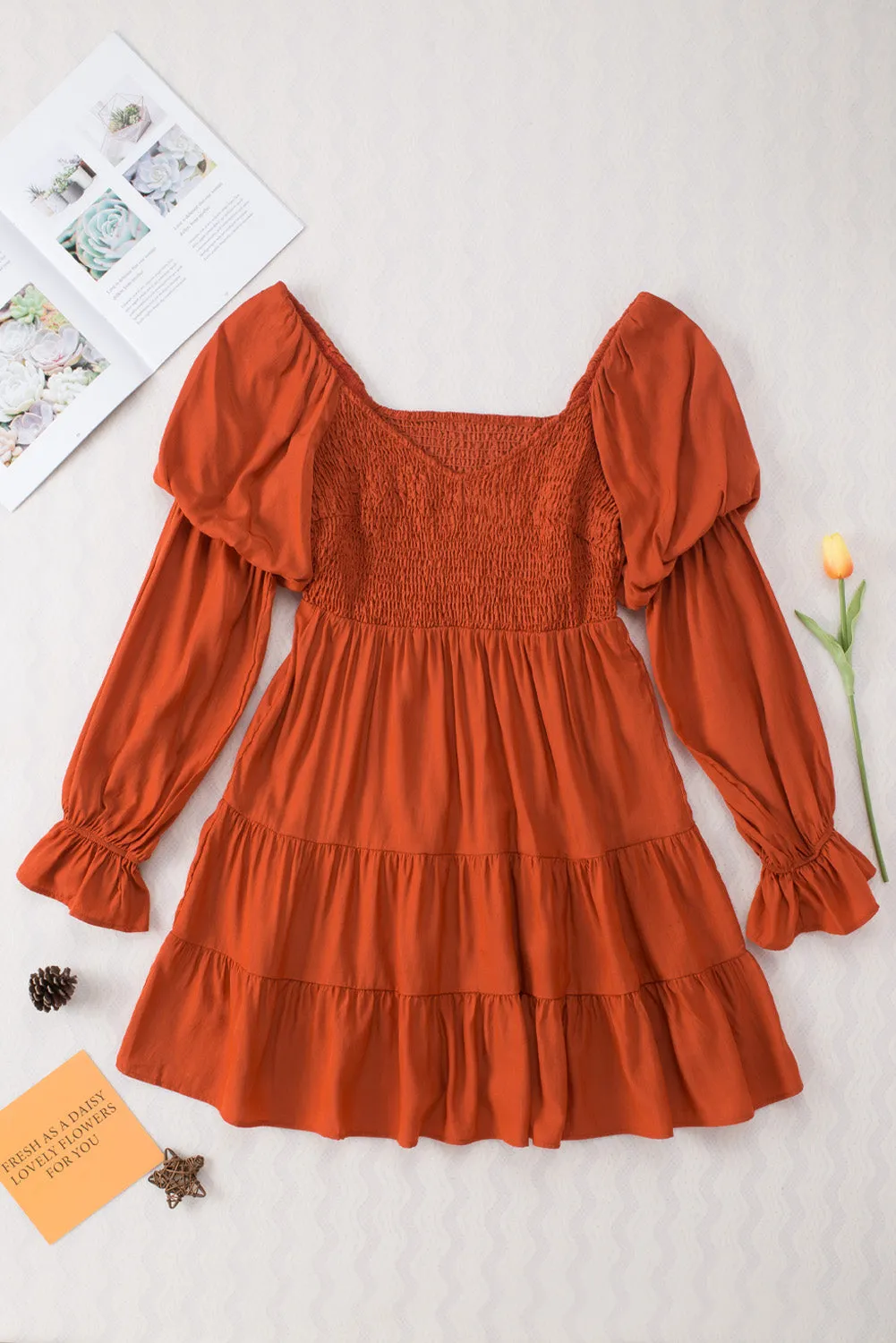 Brown Boho Ruffle Mini Dress