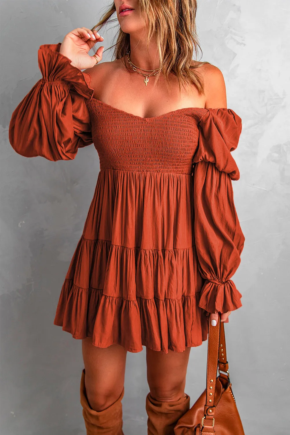 Brown Boho Ruffle Mini Dress