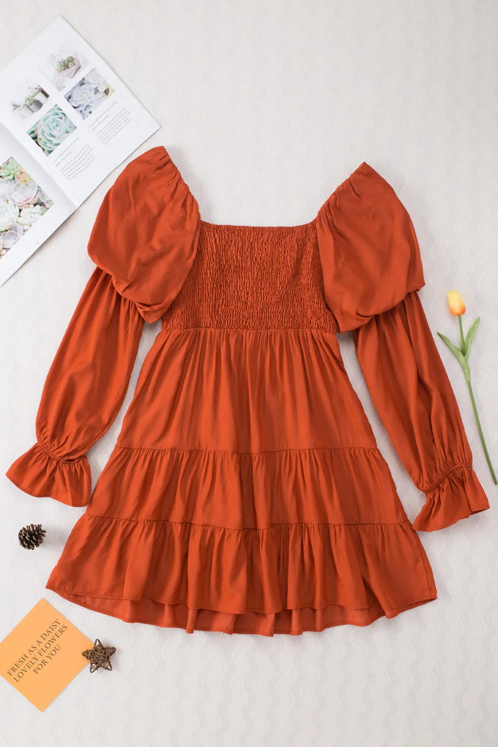 Brown Boho Ruffle Mini Dress