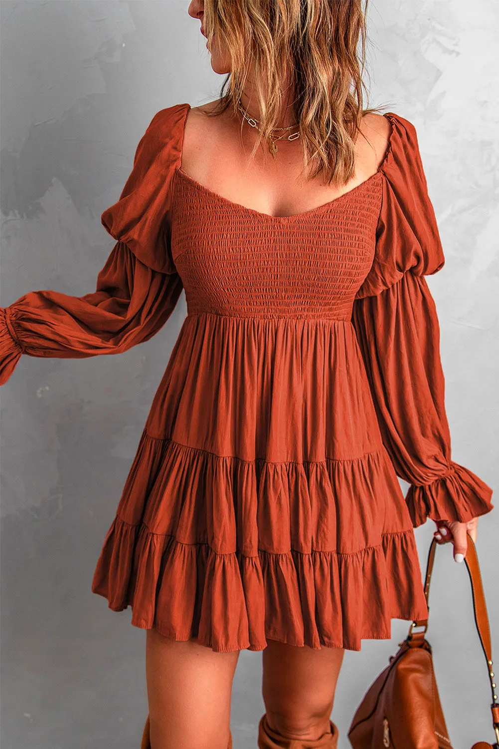 Brown Boho Ruffle Mini Dress