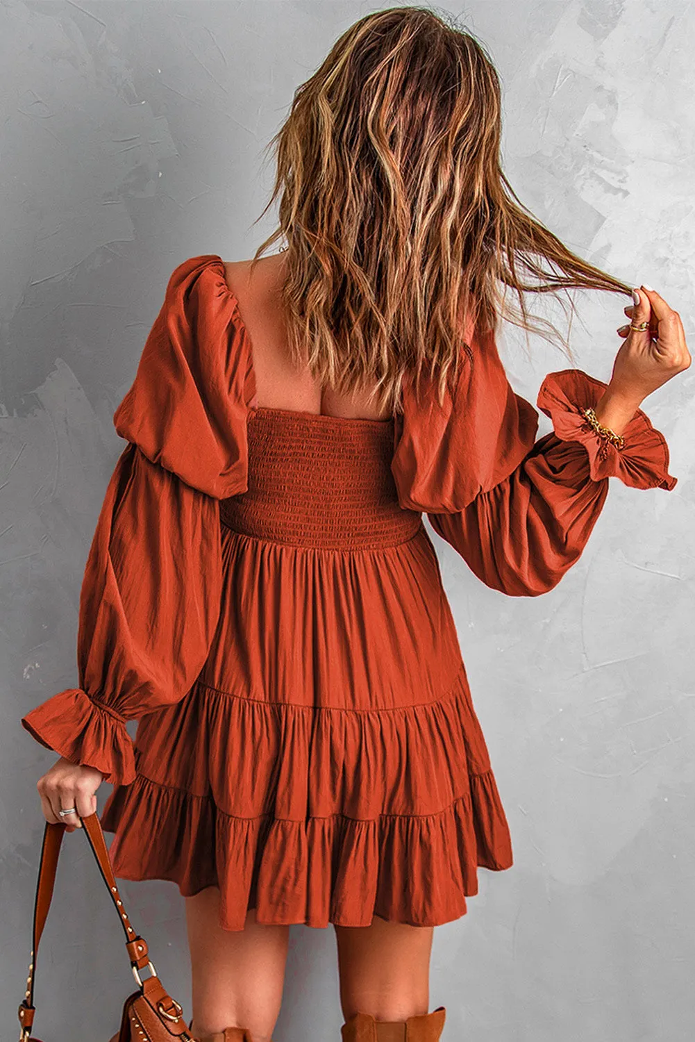 Brown Boho Ruffle Mini Dress