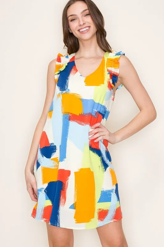 Brush Stroke V-Neck Ruffle Shoulder Dress