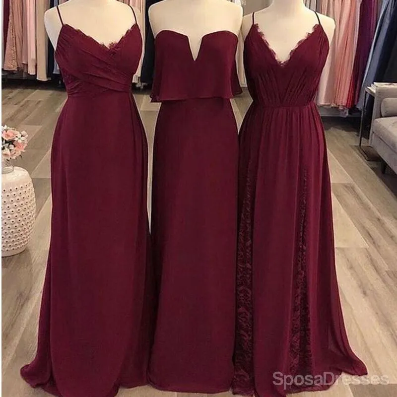 Burgundy Mismatched Chiffon Long Wedding Party Bridesmaid Dresses, WG130