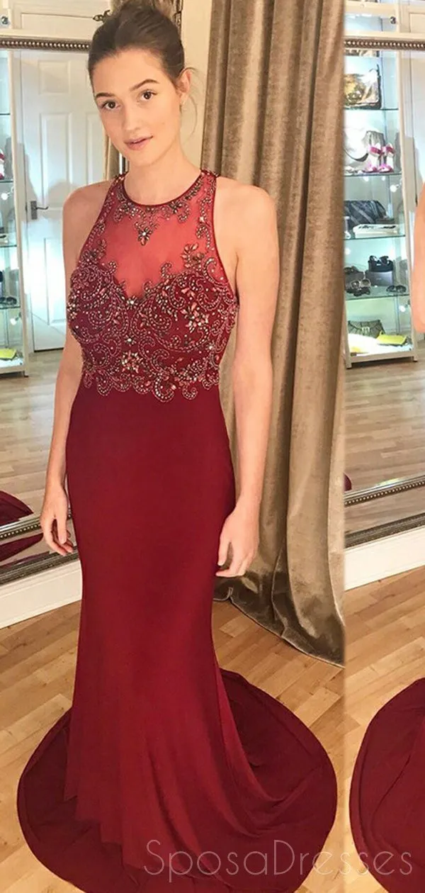 Burgundy Open Back Mermaid Cheap Long Evening Prom Dresses, Cheap Sweet 16 Dresses, 18331