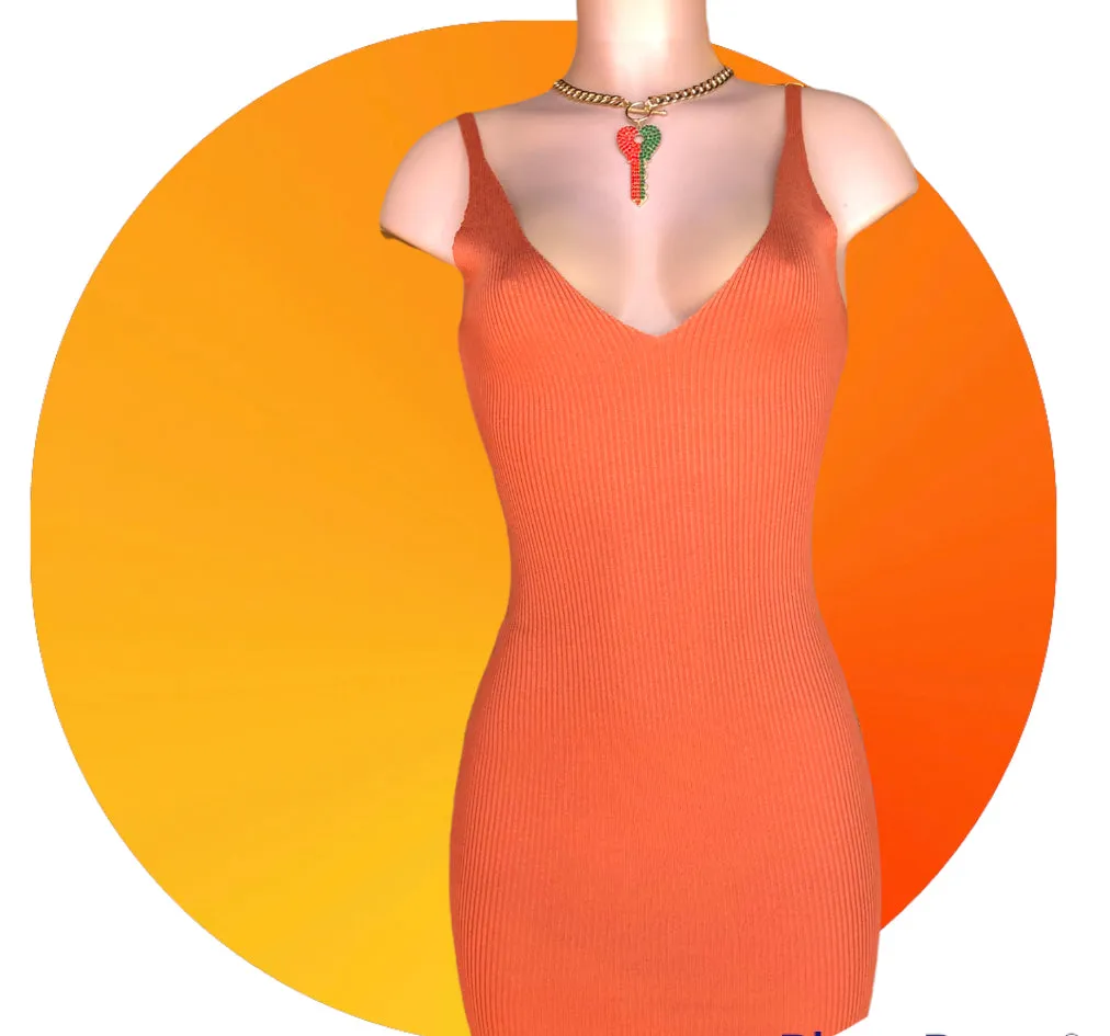 Burnt Orange Ribbed Knit Bodycon Dress