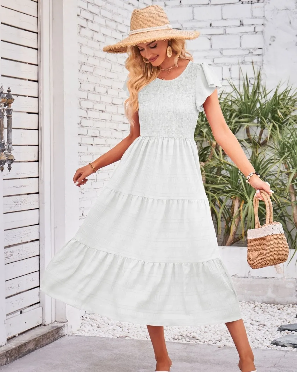 Candy Shirred Bodice Midi Dress - White