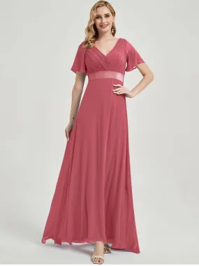 Canyon Rose Short Sleeve Ruffle Pleated  A-Line Maxi Bridesmaid Dress