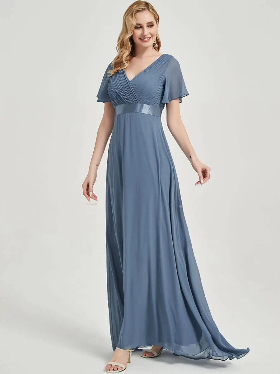 Canyon Rose Short Sleeve Ruffle Pleated  A-Line Maxi Bridesmaid Dress