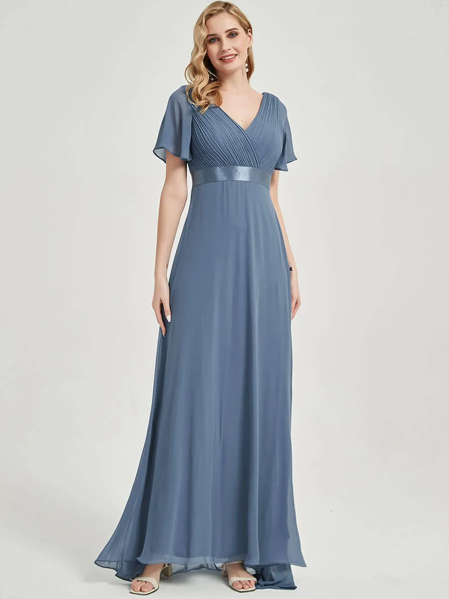 Canyon Rose Short Sleeve Ruffle Pleated  A-Line Maxi Bridesmaid Dress