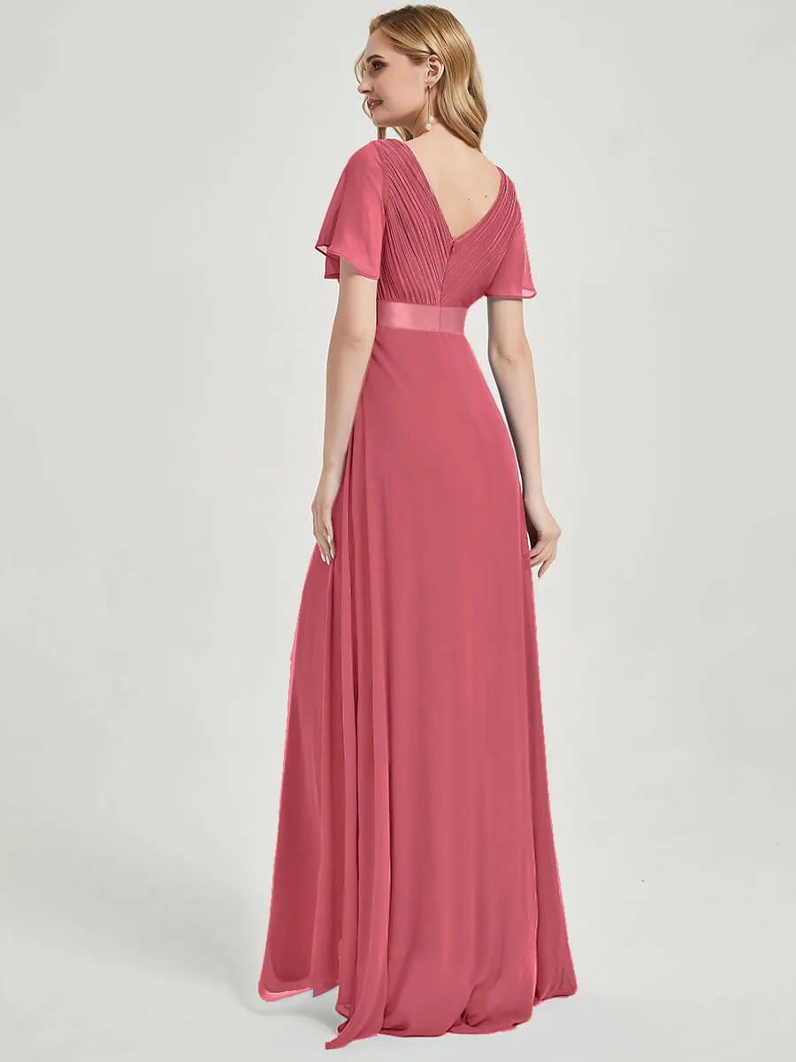 Canyon Rose Short Sleeve Ruffle Pleated  A-Line Maxi Bridesmaid Dress