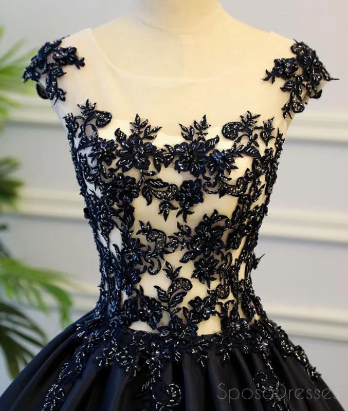 Cap Sleeve Black Lace A line Simple Long Evening Prom Dresses, Long Party Prom Dresses, 17327