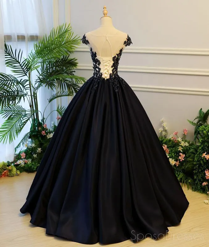 Cap Sleeve Black Lace A line Simple Long Evening Prom Dresses, Long Party Prom Dresses, 17327