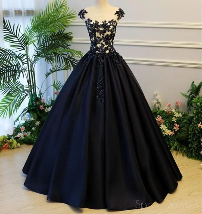 Cap Sleeve Black Lace A line Simple Long Evening Prom Dresses, Long Party Prom Dresses, 17327