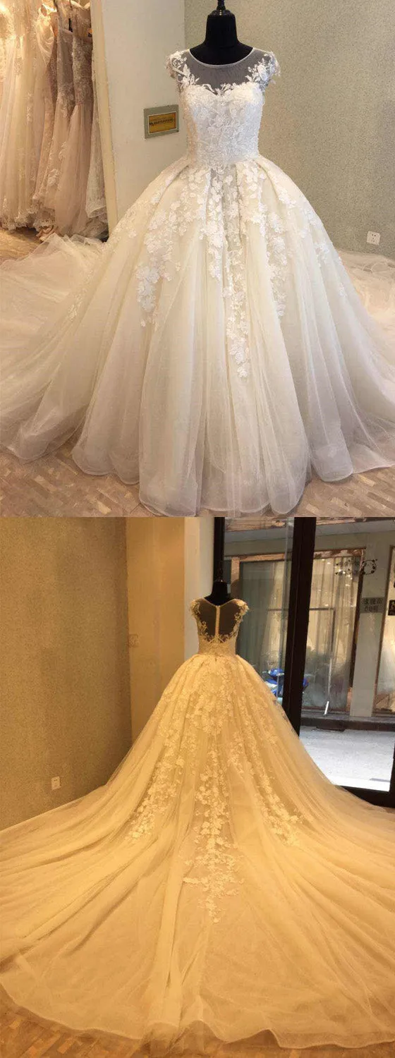 Cap Sleeve Charming Applique Tulle Long Wedding Dresses, WG1228