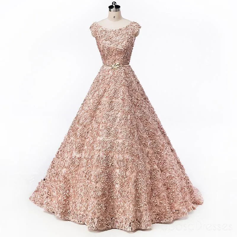 Cap Sleeves Soop Rose Gold Lace Long Evening Prom Dresses, Cheap Party Prom Dresses, 18612