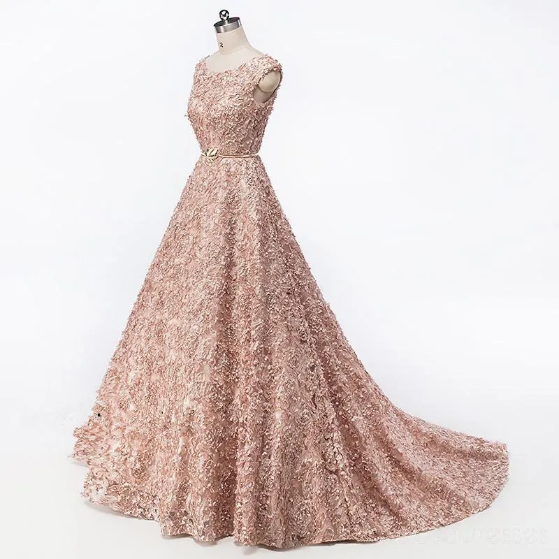 Cap Sleeves Soop Rose Gold Lace Long Evening Prom Dresses, Cheap Party Prom Dresses, 18612