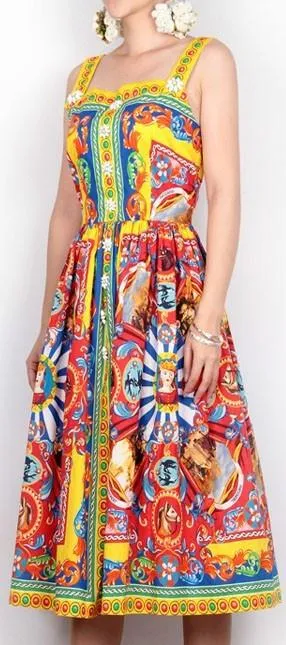 'Carretto' Embellished Button Multicolored Print Dress