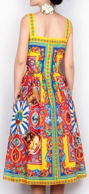 'Carretto' Embellished Button Multicolored Print Dress