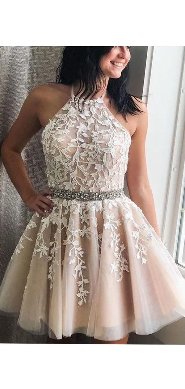 Champagne Halter Short Homecoming Dresses Online, Cheap Short Prom Dresses, CM855