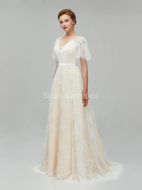 Champagne Short Sleeves Lace A-line Cheap Wedding Dresses Online, Cheap Bridal Dresses, WD561