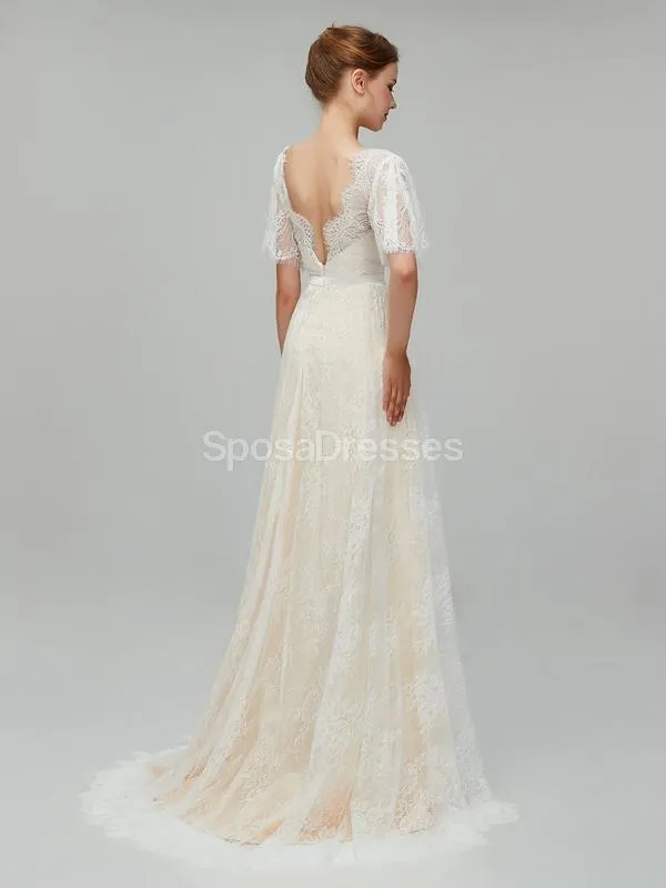 Champagne Short Sleeves Lace A-line Cheap Wedding Dresses Online, Cheap Bridal Dresses, WD561