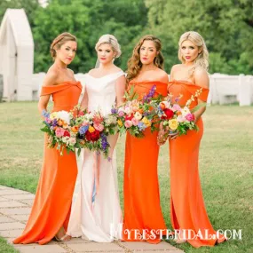 Charming Off-The-Shoulder Orange Satin Sidei Slit Mermaid Long Cheap Bridesmaid Dresses, BDS0019