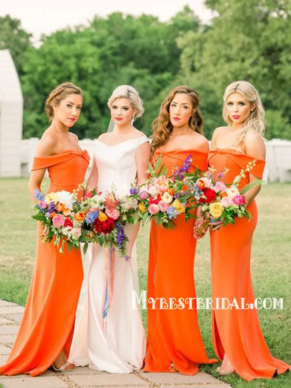 Charming Off-The-Shoulder Orange Satin Sidei Slit Mermaid Long Cheap Bridesmaid Dresses, BDS0019