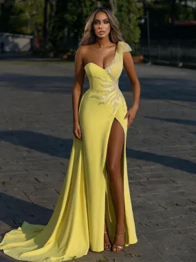 Charming One-shoulder Mermaid Side Slit Long Prom Dresses, PDS0275