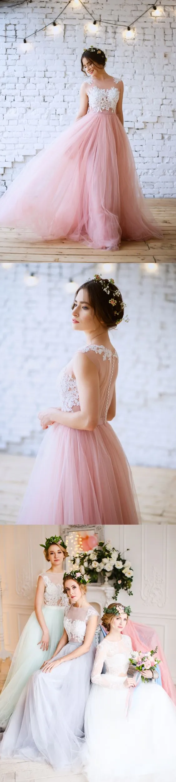 Charming Pink Lace Top Tulle Formal Evening Cheap Long Prom Dresses, WG790