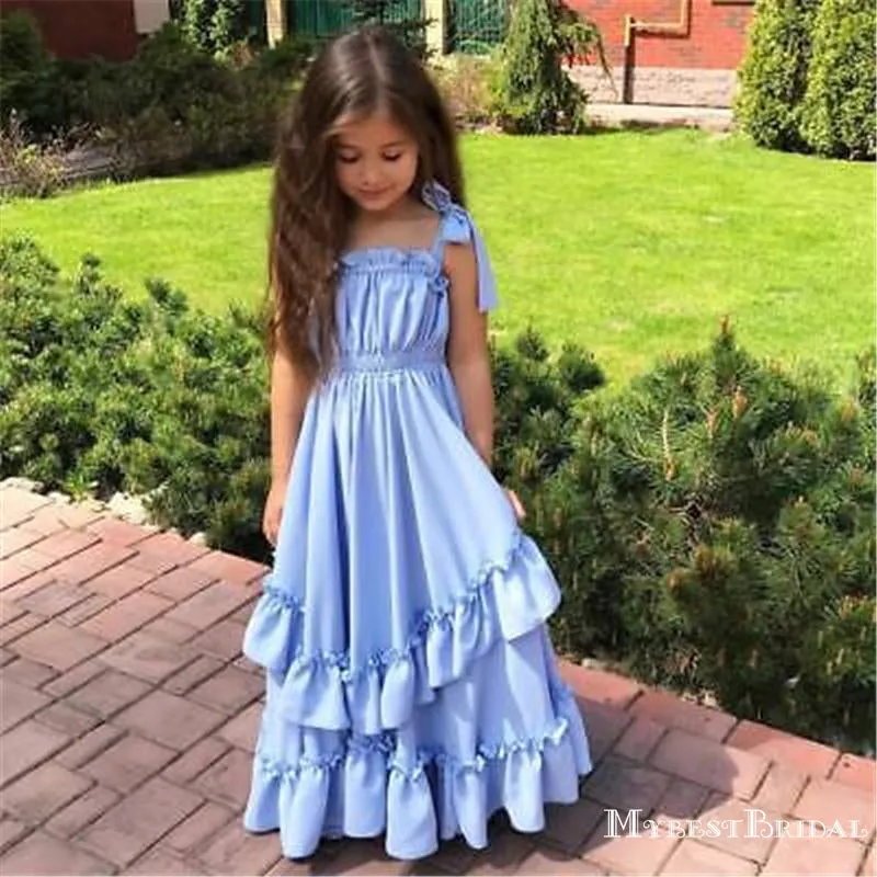 Charming Spaghetti Strap Blue Satin Chiffon A-line Long Cheap Flower Girl Dresses, FGS0023