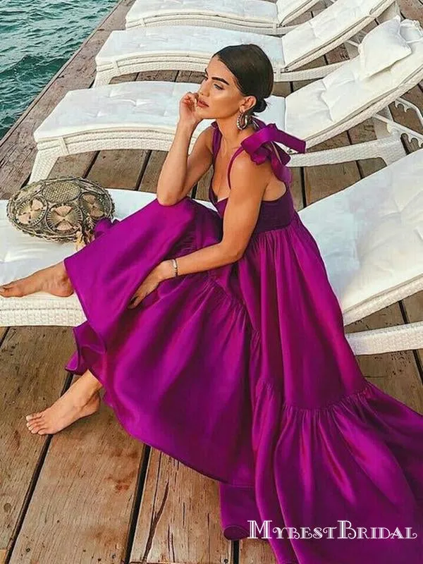 Charming Spaghetti Strap Purple Satin A-line Long Cheap Evening Prom Dresses, PDS0074