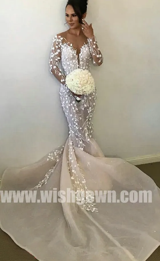 Charming Unique Long Sleeves Applique Mermaid Long Wedding Dresses, BW1512