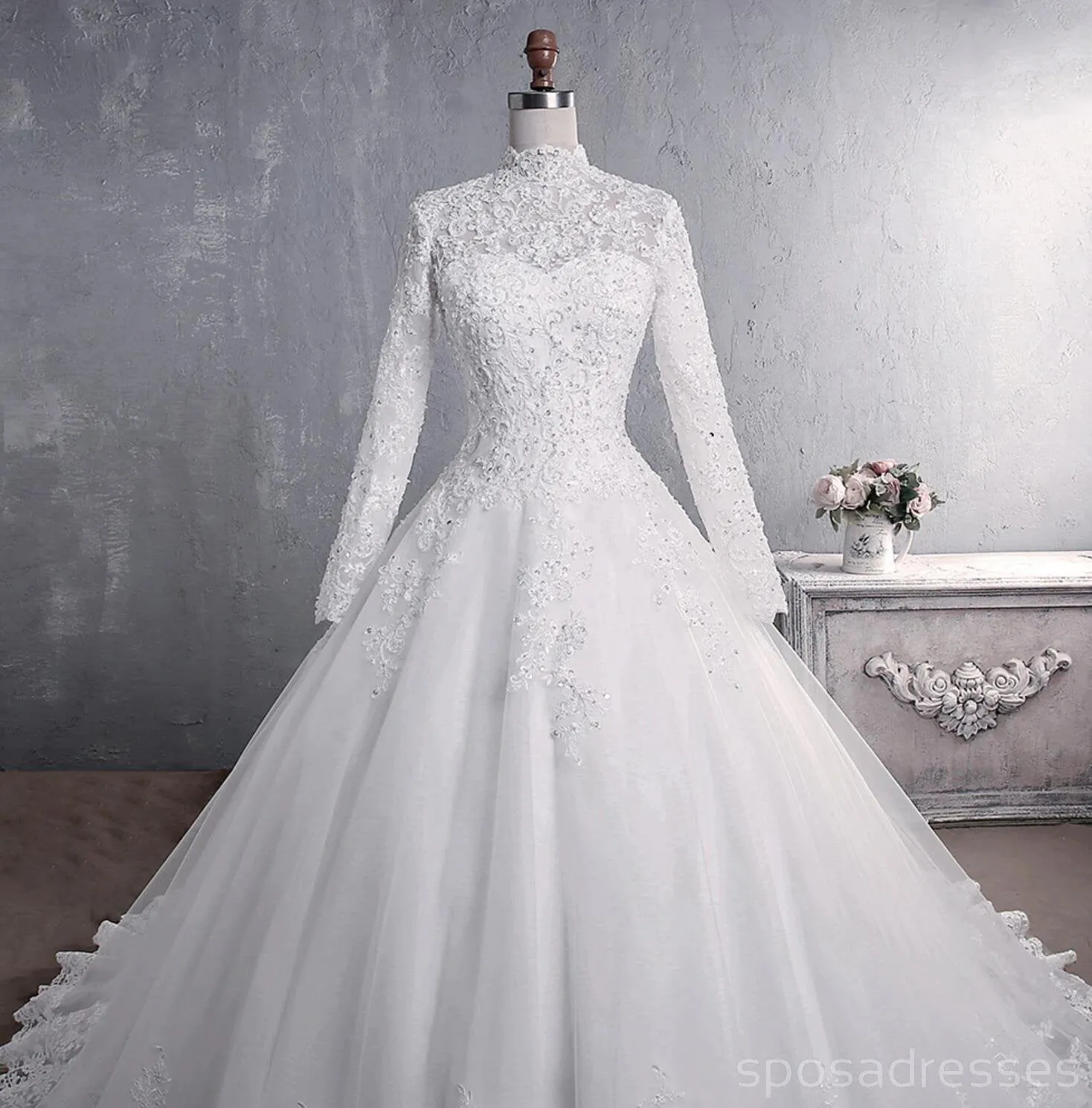 Cheap Long Sleeves High Neck Modest Wedding Dresses Online, Cheap Bridal Dresses, WD517