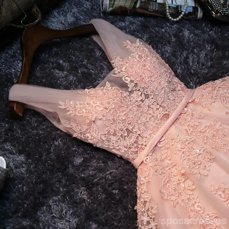 Cheap V Neck Peach Lace Beaded Cute Homecoming Dresses, CM445