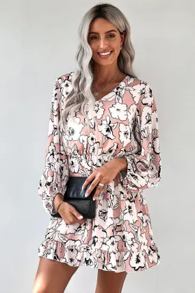 Chic Apricot V Neck Lantern Sleeves Floral Tunic Dress