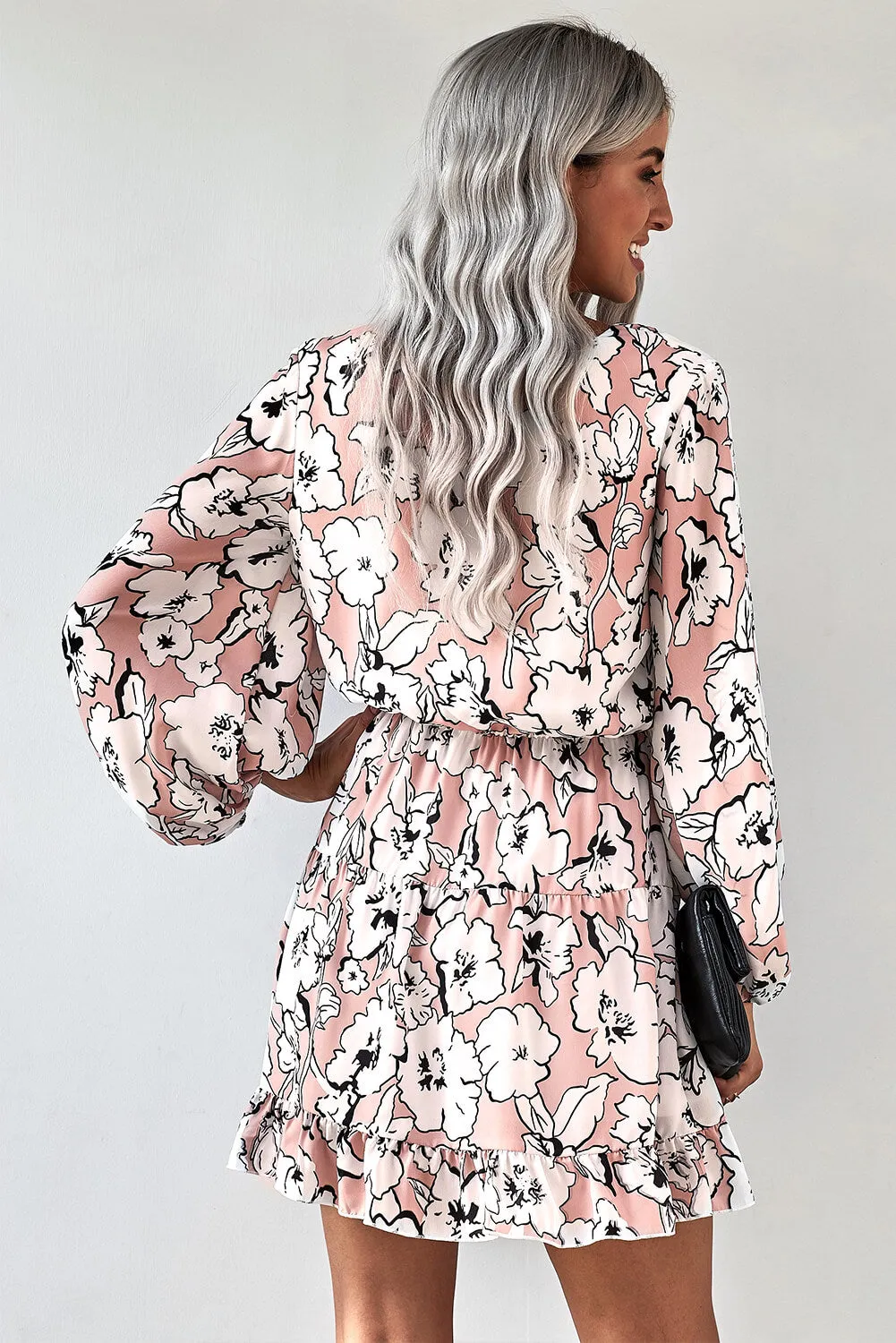 Chic Apricot V Neck Lantern Sleeves Floral Tunic Dress