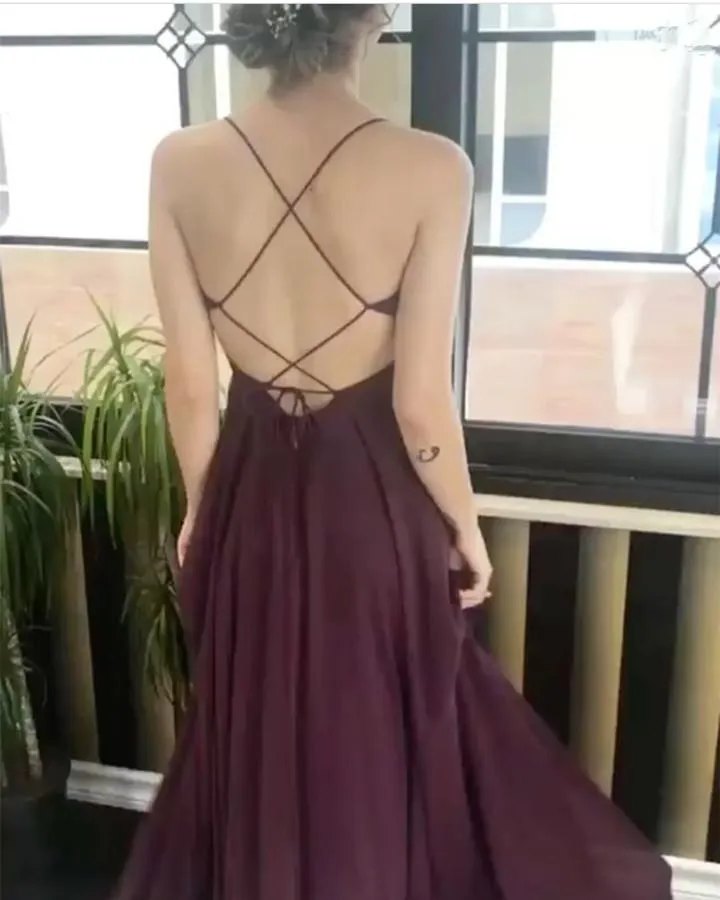 Chic V Neck Cross Back Long Chiffon Prom Dresses