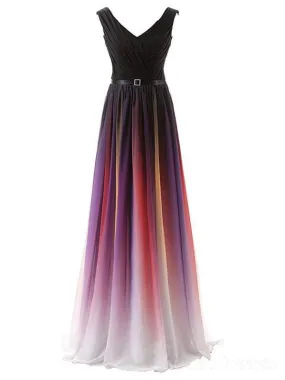 Chiffon Ombre V Neck Long Evening Prom Dresses, Custom Cheap Sweet 16 Dresses, 18391