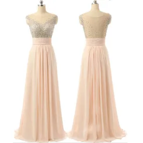 Chiffon Seen-through Back Cheap Charming Party Evening Beaded Long Prom Dress, PD0181